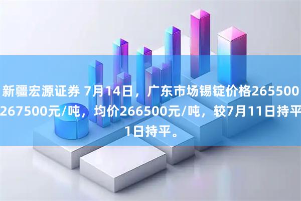 新疆宏源证券 7月14日，广东市场锡锭价格265500-267500元/吨，均价266500元/吨，较7月11日持平。